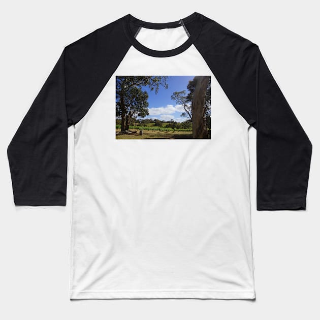 Blue Sky and Fluffy clouds in the Vineyard - Adelaide Hills - Fleurieu Peninsula by Avril Thomas Baseball T-Shirt by MagpieSprings